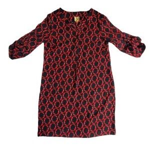 K by Kasper red black fox animal print 3/4 roll sleeve dress sz PM